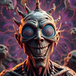 insane cosmic man with spiral eyes, grinning, with crazy psychedelic background, coherent detailed character design, weirdcore voidpunk digital art cgsociety, trending on deviantart, like art, intricate details, ultra 8 k, noise, 3 d render, volumetric lighting