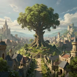 establishing shot of the capital city of a medieval fantasy kingdom. there is a giant tree in the center of the city towering over the landscape