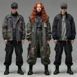 beautiful red haired british woman in techwear, techwear look and clothes, hyper-maximalist, highly-detailed and intricate, ACRNYM, Errolson Hugh, Y3, trending on r/streetwear, outfit photo, we see them from head to toe