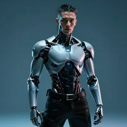 a cinematic film still of rapper unotheactivist as a cybernetic cyborg, cgi, surrealism, glowing, studio photography