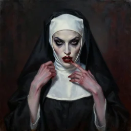hyperrealistic artnouveau dark scary portrait oil painting of a seducing evilish vampire nun tom brady!!!!! fine delicate details dark and blurry colors in style of michael hussar and alexandermcqueen