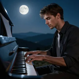 handsome man playing a piano in the moonlight on a mountain, photorealistic, atmospheric 50mm lens