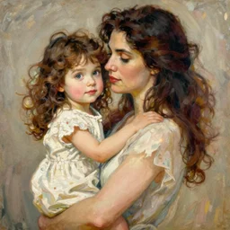 a mother holding her daughter with curly brown hair, beautiful painting by artgerm and greg rutkowski and alphonse mucha