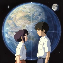 war between a planet and it's moon, protection shield, art by makoto shinkai and alan bean, yukito kishiro