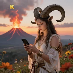 horned ram goddess by josephine wall, checking her cell phone, erupting volcano and sunset in distance, flowers in foreground, trending on artstation, by senior concept artist, fantasy, zodiac, 8 k