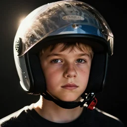 close - up portrait of a cool kid with motorcycle helmet, head and shoulders portrait, dramatic backlight, black background, by morten krogvold