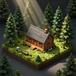 concept art of a cabin in the woods, isometric view, unreal engine