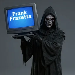 a grim reaper carrying a crt monitor. the monitor has a blue screen with white letters. by frank frazetta, simon bisley, brom, concept art, octane render, unreal engine 5, highly detailed, high quality, 8 k, soft lighting, realistic face, path traced