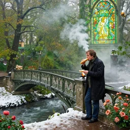 autumn in paris, man eating french bread, ornate, beautiful, atmosphere, vibe, mist, smoke, fire, chimney, rain, wet, pristine, puddles, melting, dripping, snow, creek, lush, ice, bridge, green, stained glass, forest, roses, flowers, by stanley artgerm lau, greg rutkowski, thomas kindkade, alphonse mucha, loish, norman rockwell