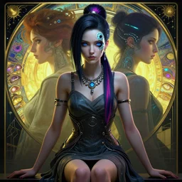 cyberpunk full shot, sitting, very detailed, cgsociety, artstation, female, wearing a dress, necklace, dark hair, colored lock of hair clean, symmetry, blue eyes, intricate, impossible beauty, eye implant bionic, ponytail, staring in the void, art by krenz cushart and artem demura and alphonse mucha