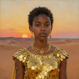 a young dejah thoris on mars wearing a dress made of faceted gold plates, after a battle, closeup portrait, gold jewelry, sand dunes to the horizon, sunset, oil painting on canvas, john singer sargent