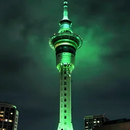 auckland sky tower furturistic, green lighting, cyberpunk, evil, artstation, octane render