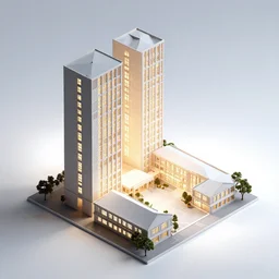 architectural model, isometric view, studio lighting, low contrast, brightly lit studio, highly detailed, tall stacked long boxes, large windows, courtyard, gabled roof, futuristic, school, tree