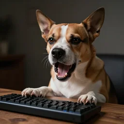 barking angry dog on keyboard photo dramatic lighting