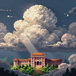 landscape, cloud, sky, pixelart style, building,