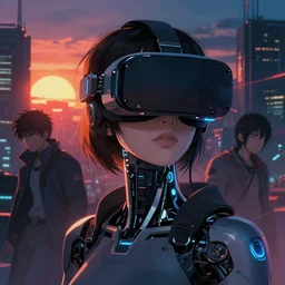 photo portrait of a japanese cyberpunk cyborg girl wearing a futuristic vr headset, finely detailed features, cyborg robot parts with glowing lights!, futuristic vr headset!, dramatic cinematic, sunrise, at cyberpunk city, ghost in the shell, akira, odeo, cinematic lighting, in danger, noir, trending on pixiv fanbox, painted by greg rutkowski makoto shinkai takashi takeuchi craig mullins, alphonse mucha, studio ghibli, pixiv