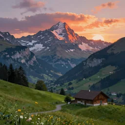 an epic swiss landscape, at sunset, digital painted by sylar 1 1 3