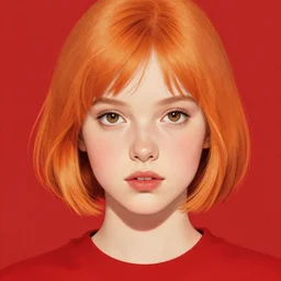 a portrait of a girl with short orange blond hair and brown eyes with a red color scheme. By Geoffroy Thoorens and JC Leyendecker.