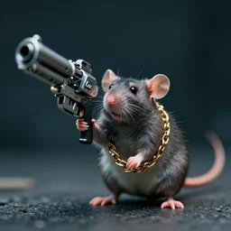 small rat with large sci - fi gun, cinematic, color grading, portrait, hyperspectral imaging, tri - x 4 0 0 tx, fujifilm superia, shot on 7 0 mm, macro, 3 6 0 panorama, wearing a golden chain, from the new sci - fi movie