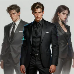 a handsome man wearing a black suit, glitchpunk, highly detailed, digital painting, trending on artstation, concept art, sharp focus, illustration, art by artgerm and greg rutkowski and magali villeneuve
