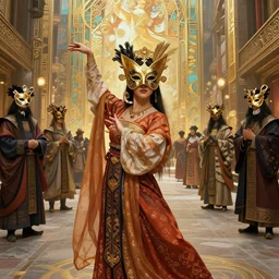 portrait of masked byzantine tang dynasty dancer on the art deco streets of the undying empire city of ya - sattra during the festival of masks, award - winning realistic sci - fi concept art by beksinski, bruegel, greg rutkowski, alphonse mucha, and yoshitaka amano