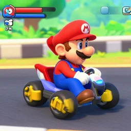 Luigi driving a car in Mario Kart game, gameplay screenshot