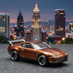 3 5 mm photo of metallic brown tsuru car like hot wheels model with a mexico city as background, epic cinematic, epic lighting