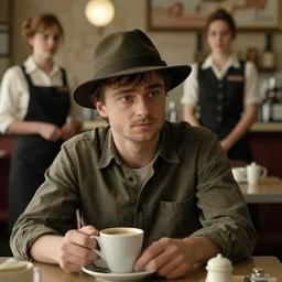 daniel radcliffe as visitor in hat and shirt drink coffee, emma watson as waitress on background, screen short from mafia 2, cinematic, 1 9 3 0 style, diner caffee