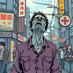 glossy old advertising poster of a man turning into a zombie, busy street corner, horror, drawn comic by junji ito, pastels, gradient,