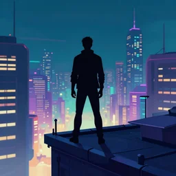 silhouette of man standing on rooftop, cyberpunk art by james gilleard, cgsociety, retrofuturism, synthwave, cityscape, 2 d game art