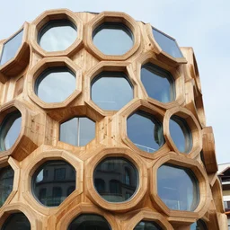 futuristic timber building facade with windows hexagonal