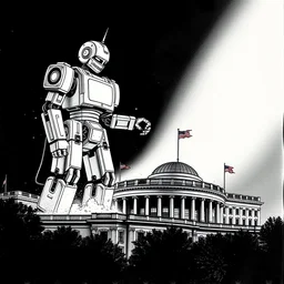 giant robot is destroying the pentagon, by agnes lawrence pelton, ink, still - life, glamor shot, 2 - dimensional, dot, happy, spotlight