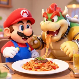a 3d render of mario and bowser eating spaghetti like in the cartoon lady and the tramp