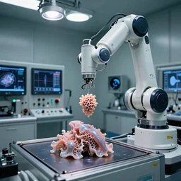 a complex bifurcated thick robotic cnc surgical arm cybernetic symbiosis hybrid mri 3 d printer machine making some iridiscent squid embryo organic ceramic fractal forms in inspection laboratory control panel room, lcd screens, knobs, drone camera lens orbs, 3 point lighting, highly detailed larval stage, natural color scheme, photo still from movie by denis villeneuve,