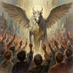 holy beast being praised by a crowd of people, concept art, trending on artstation, wlop, ross draws, digital painting, mixed media, intricate details, volumetric lighting