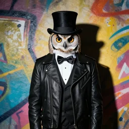 gentleman owl with black biker jacket, portrait photo, shadow, wall with colorful graffiti, studio photo, suit, bow tie, tophat, tophat