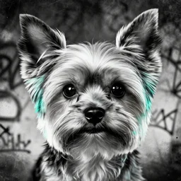 detailed closeup portrait of cute yorkshire terrier with big eyes, in the style of rob lefield and dan mumford, epic gradient, by atey ghailan, by greg rutkowski, by greg tocchini, by james gilleard, by joe fenton, by kaethe butcher, gradient olive turquiose, black and white color scheme, grunge aesthetic, graffiti tag