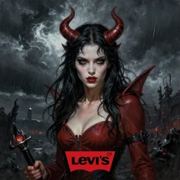 ultra realistic portrait painting of a demon girl in hell, art by frank frazetta, vintage levi ’ s ad, stormy weather, dark vibes, 4 k, ultra realistic, highly detailed, epic lighting