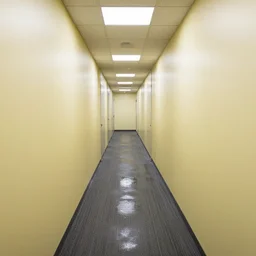 endless maze of corridors, wet gray carpet, light yellow wallpaper, office ceiling