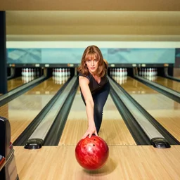 jayne mansfield in a bowling alley with a perspective view of bowling pins at the end of the lane, jayne mansfield about to roll a large red bowling ball down a bowling land towards bowling pins, jayne mansfield holding a large red bowling ball in a provocative pose, by mort kunstler and gil elvgren