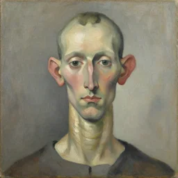expressive distorted portrait of a man with long neck, big ears and a small head, impasto painting, muted colors, artwork by arnold bocklin