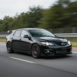 black GT4 Mazdaspeed3 Gen 1 hatchback black plain livery simple, racing on highway photo 2008 cinematic motion blur dof LMP2 car