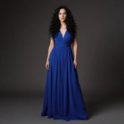 a portrait photography of a beautiful woman with black long curly hair and full body dress in blue by Annie Leibovitz, soft professional studio lighting, dramatic colors scheme, fine art photography, dramatic colors background, 50 mm sigma art