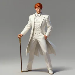 a highly detailed illustration of short ginger haired man wearing white suit, dramatic holding ornate cane pose, intricate, elegant, highly detailed, centered, digital painting, artstation, concept art, smooth, sharp focus, league of legends concept art, WLOP
