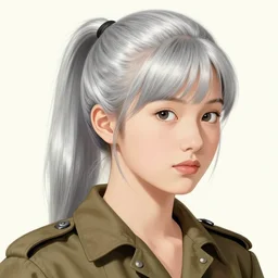 girl silver ponytail hair, vietnam war, illustration by Yoji Shinkawa and Krenz Cushart, cinematic portrait