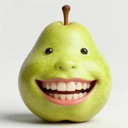 photorealistic picture of a green pear with human mouth and eyes, smiling with long teeth