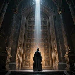 a wizard in a cloak standing in front of an ancient portal to wisdom, tall door, high ceiling, magic light, light beam, cinematic atmosphere, high definition, ultra detailed