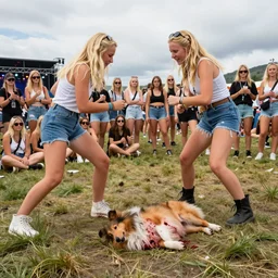 two blonde girls fighting at a music festival, an audience of blonde girls watches, a sheltie dog dead, photograph, bloody, nordic summer, wide lens, ultra detailed
