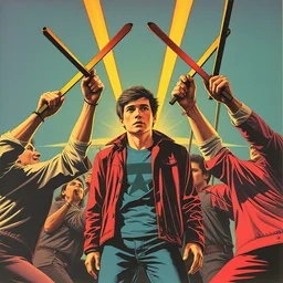 bullying, the victim is in the center, around the bullers are swinging up boomerangs. soviet poster, illustration, synthwave colors