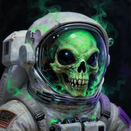 ( ( ( ( a close - up view portrait of a lone astronaut ) ) ) ), brutalist dock halls with green alien fog, close - up view, detailed textures. glowing green purple fog, dark black background. murder fish skull face, highly detailed fantasy science fiction painting by moebius, norman rockwell, frank frazetta, and syd mead. rich colors, high contrast